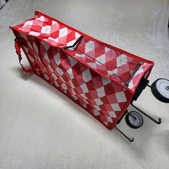 Rolling Travel Bag Collapsible Red White Argyle Print - Picture 2 of 8